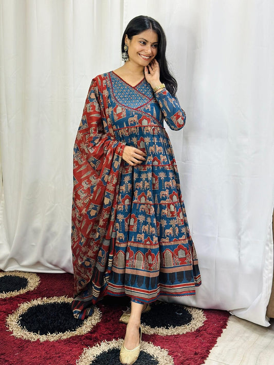 Blue Navy Blue Printed Cotton Angrakha Anarkali Style Trouser Suit