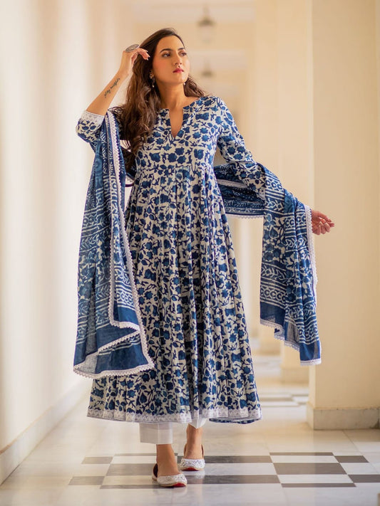 New Arrivals Pure Cotton Anarkali Kurta Pant And Duptta Set
