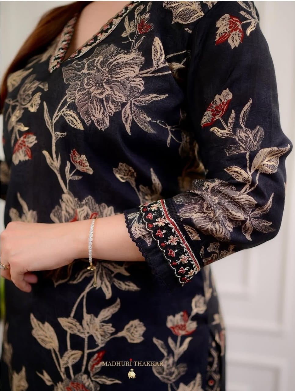 Women's Elegant Black Floral Print Kurti with Matching Afghani Pant and Dupatta Set