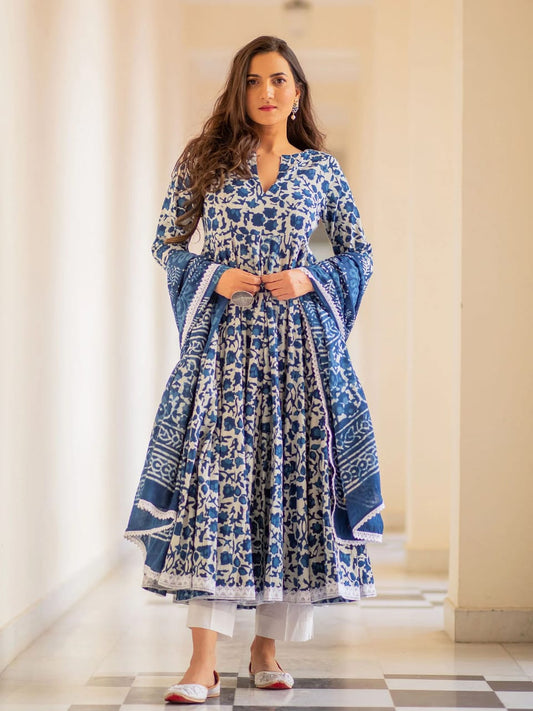 New Arrivals Pure Cotton Anarkali Kurta Pant And Duptta Set