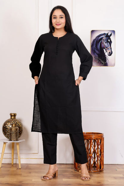 New Design Black Co-ord Set for Women Printed Kurta with Trousers