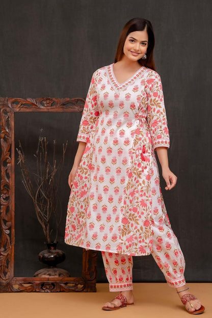 Orange Women's Beautiful Block Print Nyra-Cut Kurta Pant & Dupatta Set