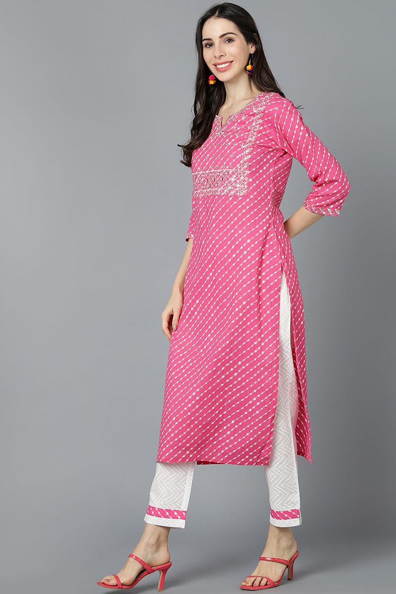 Pink Cotton Straight Kurta And Pant