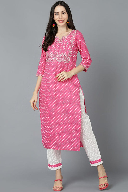 Pink Cotton Straight Kurta And Pant