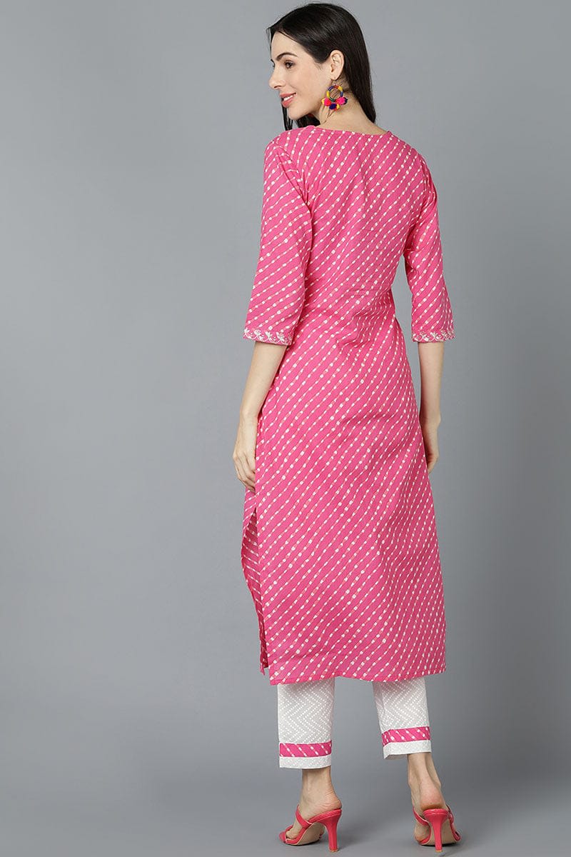 Pink Cotton Straight Kurta And Pant