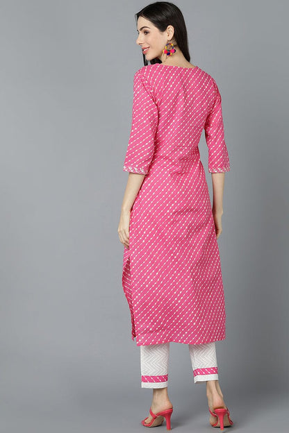 Pink Cotton Straight Kurta And Pant