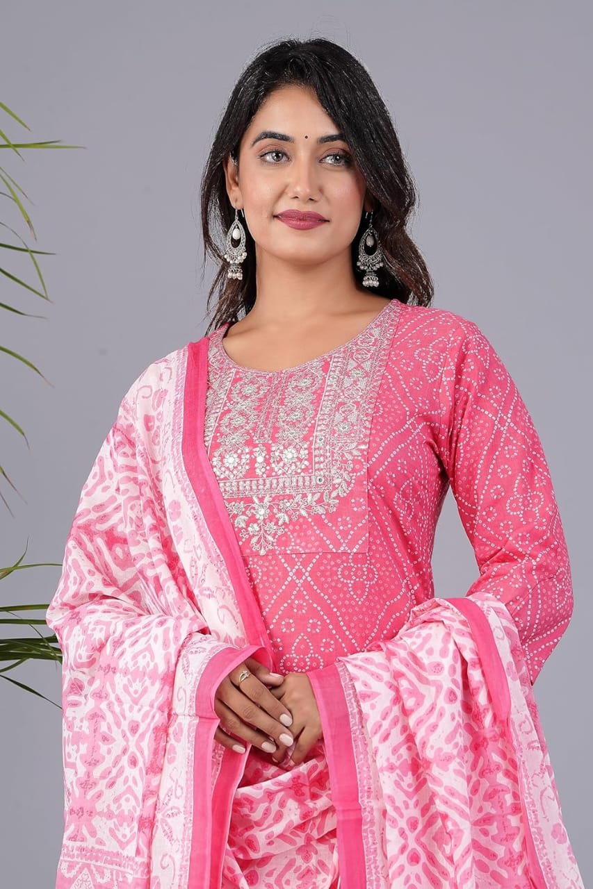 Pink Women's Pure Cotton Embroidered Kurta Pant Set with Cotton Dupatta Set, Office Wear and Regular