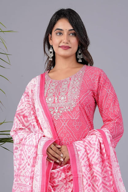 Pink Women's Pure Cotton Embroidered Kurta Pant Set with Cotton Dupatta Set, Office Wear and Regular