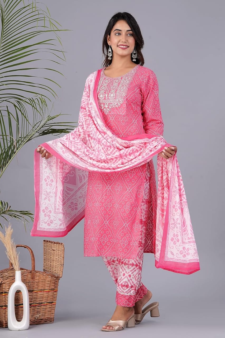 Pink Women's Pure Cotton Embroidered Kurta Pant Set with Cotton Dupatta Set, Office Wear and Regular