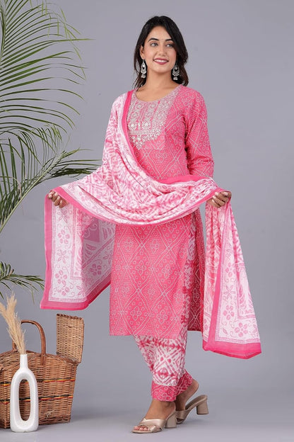 Pink Women's Pure Cotton Embroidered Kurta Pant Set with Cotton Dupatta Set, Office Wear and Regular
