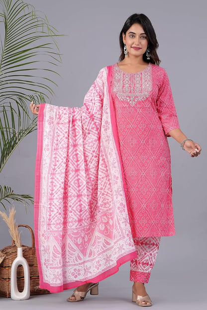 Pink Women's Pure Cotton Embroidered Kurta Pant Set with Cotton Dupatta Set, Office Wear and Regular