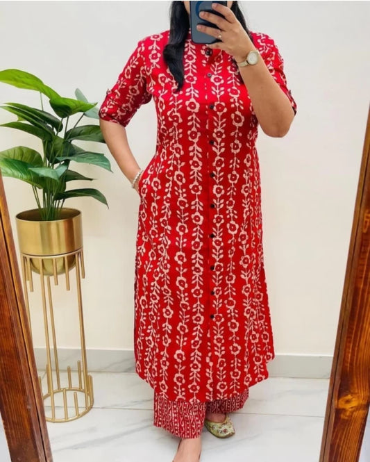 Red Women's Cotton Jaipuri Floral Print Floral Print Co-Ords Set