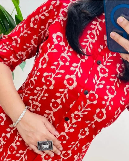 Red Women's Cotton Jaipuri Floral Print Floral Print Co-Ords Set