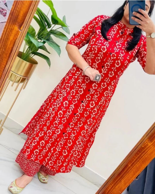 Red Women's Cotton Jaipuri Floral Print Floral Print Co-Ords Set