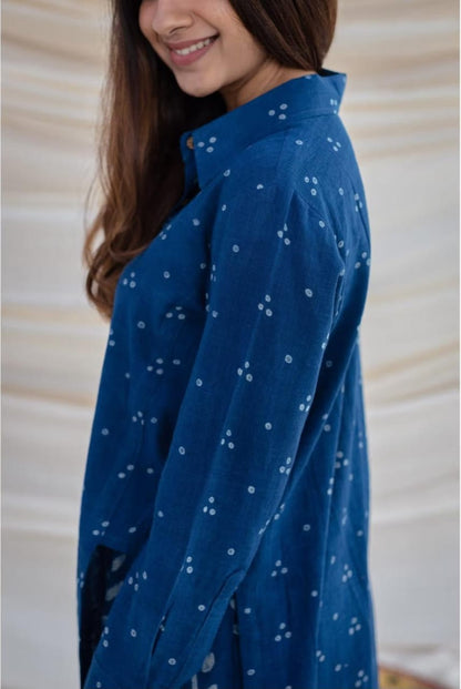 Indigo Blue Collared Shirt-Kurta with Dual Block Prints – Contemporary Cotton Fusion Wear