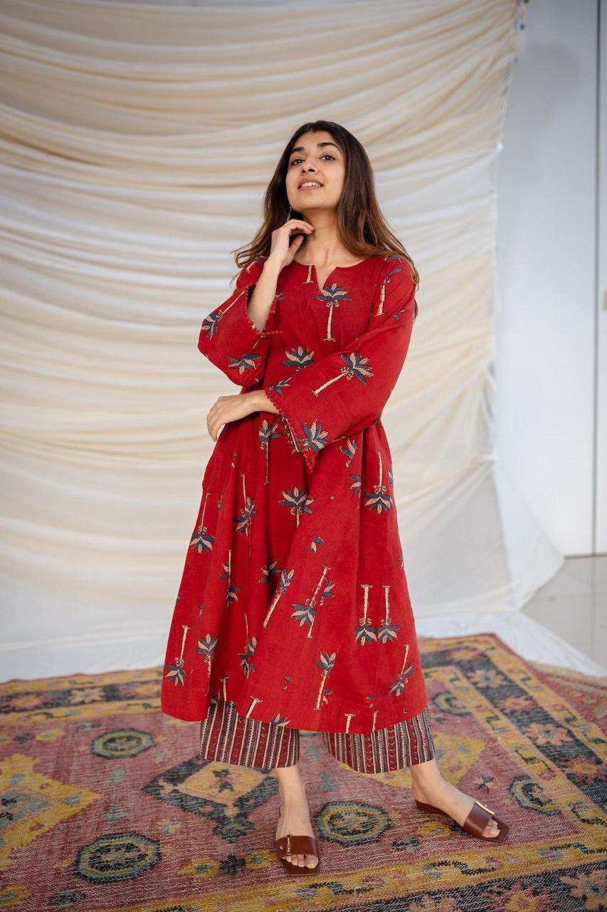 Maroon Palm-Print Ethnic Co-ord Set