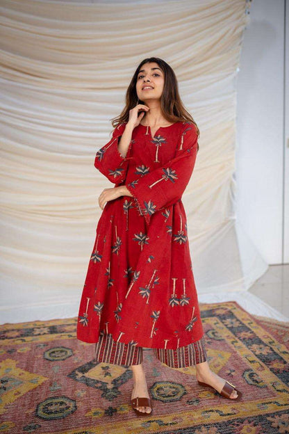 Maroon Palm-Print Ethnic Co-ord Set