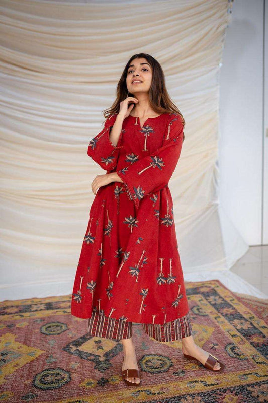 Maroon Palm-Print Ethnic Co-ord Set