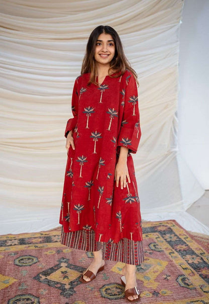 Maroon Palm-Print Ethnic Co-ord Set
