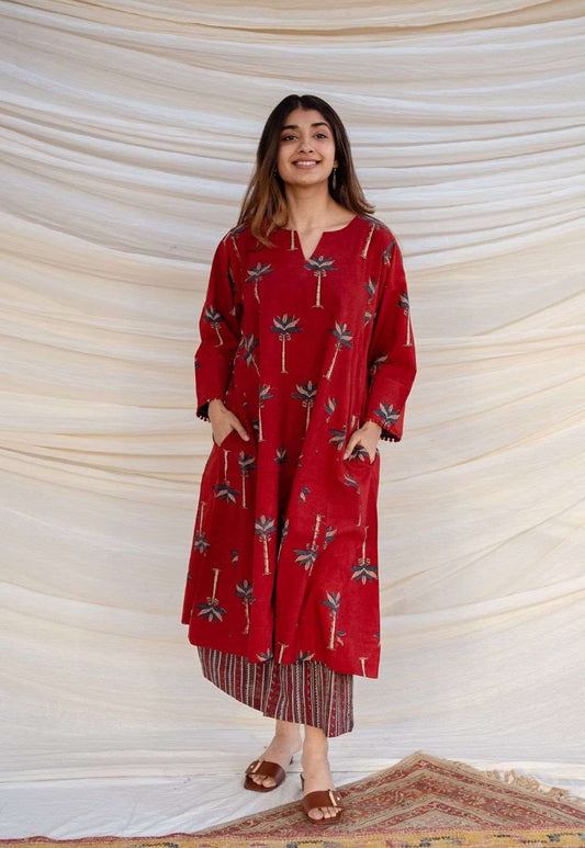 Maroon Palm-Print Ethnic Co-ord Set