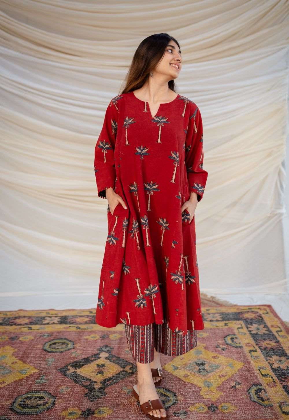 Maroon Palm-Print Ethnic Co-ord Set