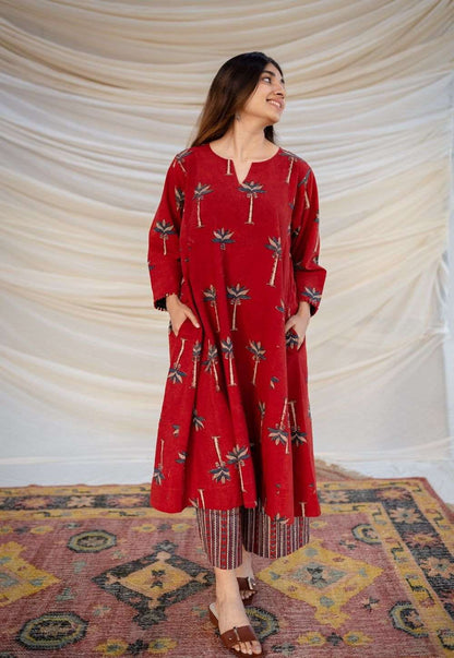 Maroon Palm-Print Ethnic Co-ord Set