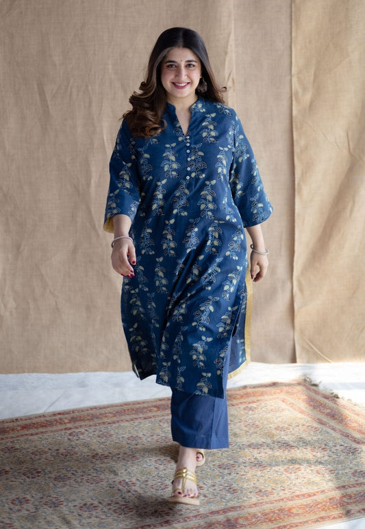 Indigo Blue Floral Block Print Kurta Set with Solid Pants – Breathable Cotton