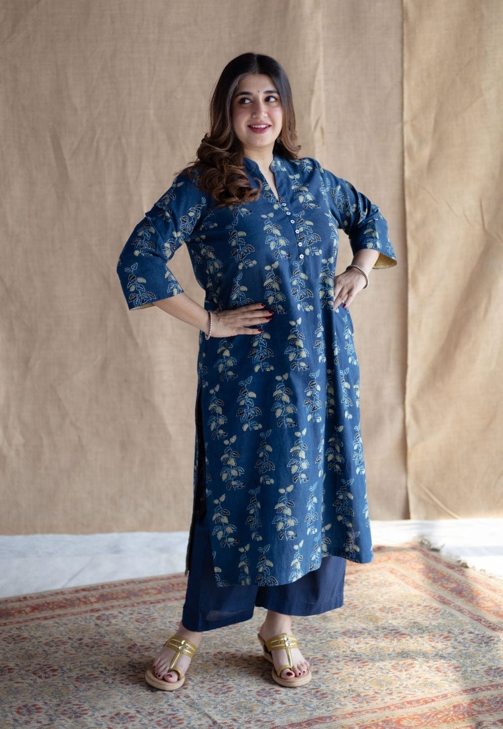 Indigo Blue Floral Block Print Kurta Set with Solid Pants – Breathable Cotton