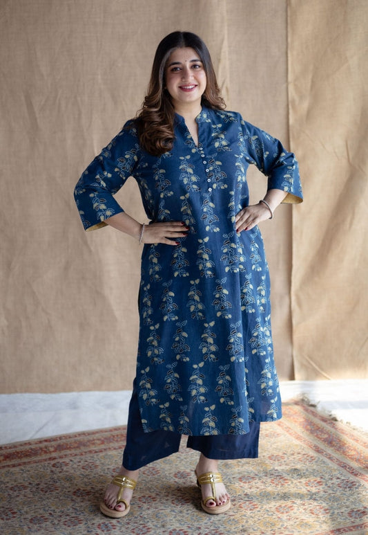 Indigo Blue Floral Block Print Kurta Set with Solid Pants – Breathable Cotton