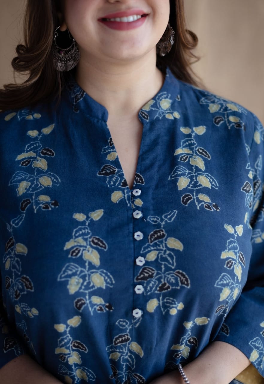 Indigo Blue Floral Block Print Kurta Set with Solid Pants – Breathable Cotton