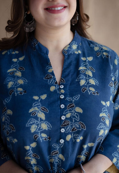 Indigo Blue Floral Block Print Kurta Set with Solid Pants – Breathable Cotton