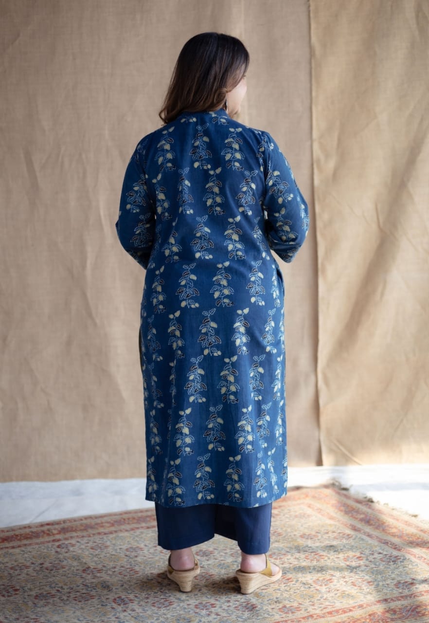 Indigo Blue Floral Block Print Kurta Set with Solid Pants – Breathable Cotton