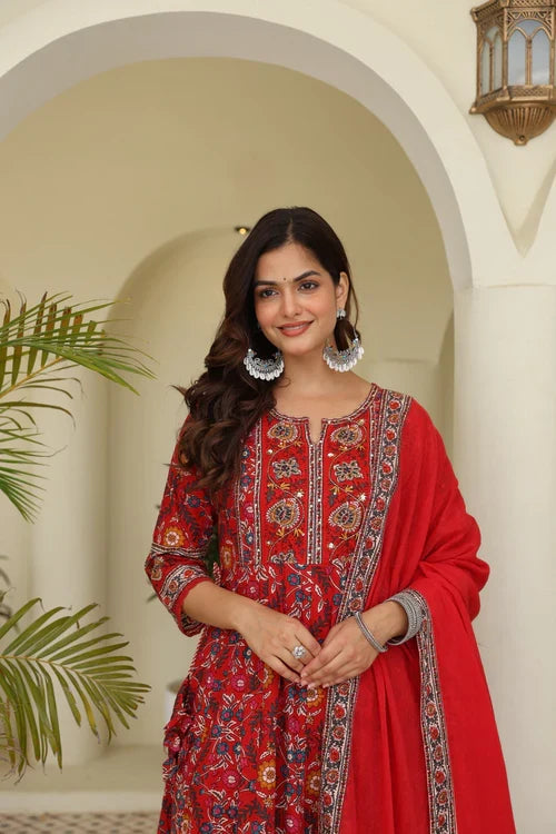 Red Beautiful Heavy Suit Set with intricate hand Embroidery, Zari & print