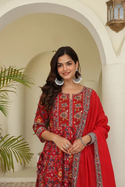 Red Beautiful Heavy Suit Set with intricate hand Embroidery, Zari & print
