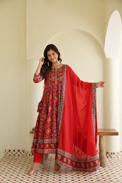 Red Beautiful Heavy Suit Set with intricate hand Embroidery, Zari & print