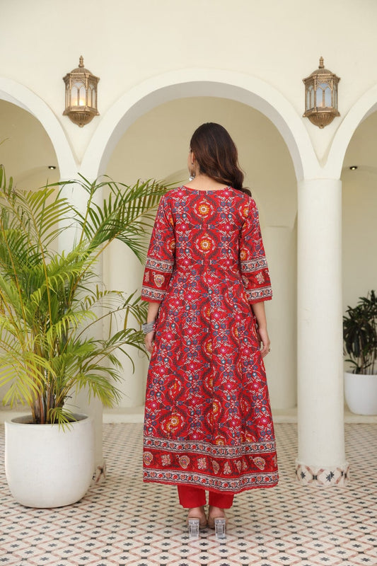 Red Beautiful Heavy Suit Set with intricate hand Embroidery, Zari & print