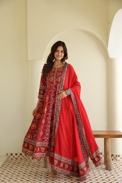 Red Beautiful Heavy Suit Set with intricate hand Embroidery, Zari & print