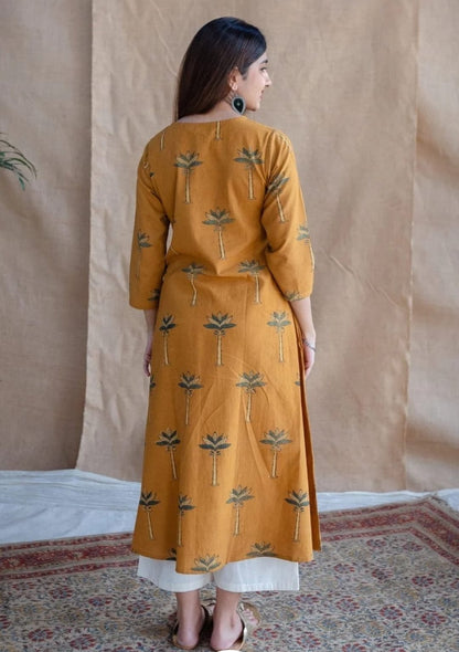 Mustard Yellow Palm-Motif Ethnic Kurta Set