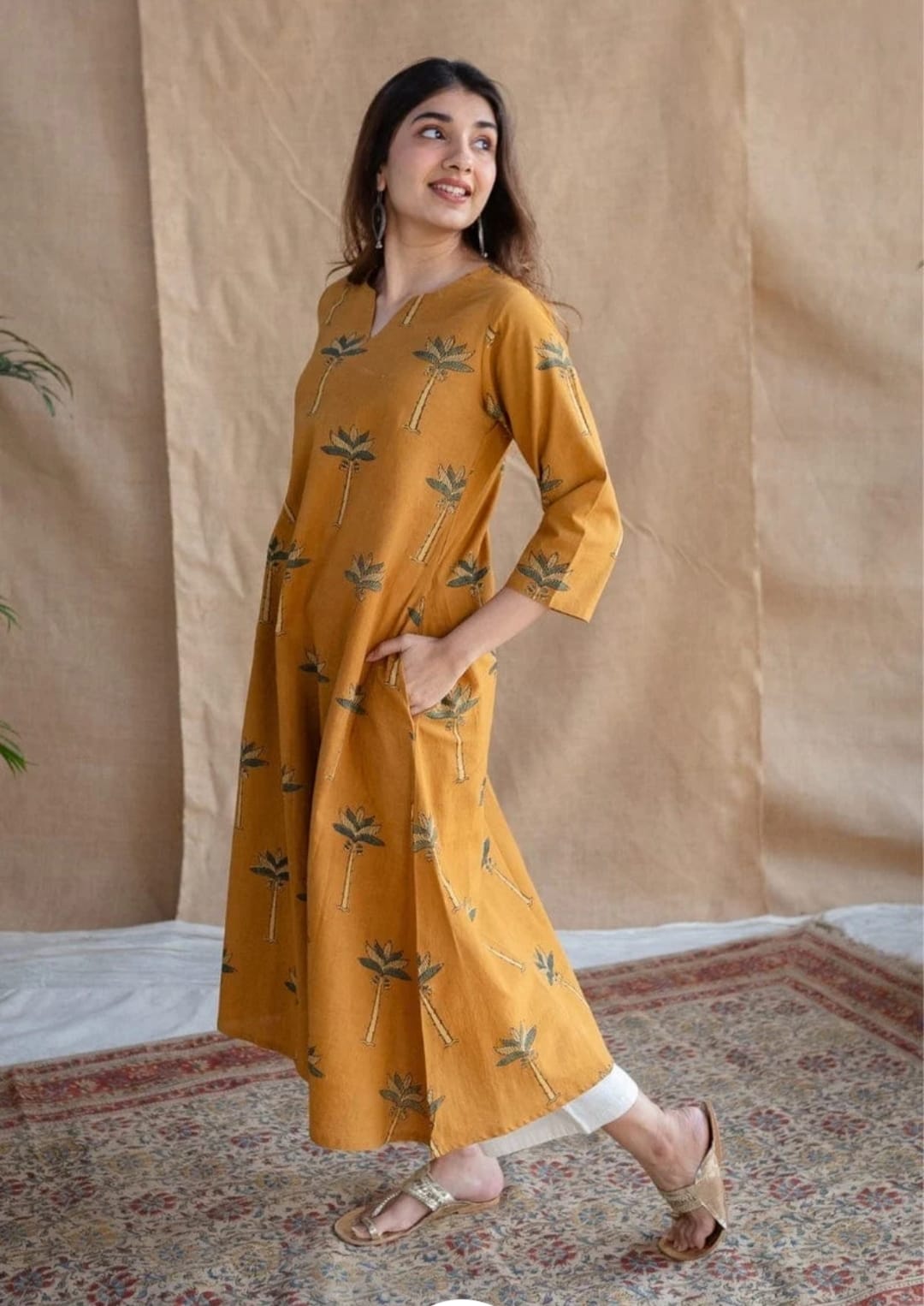 Mustard Yellow Palm-Motif Ethnic Kurta Set