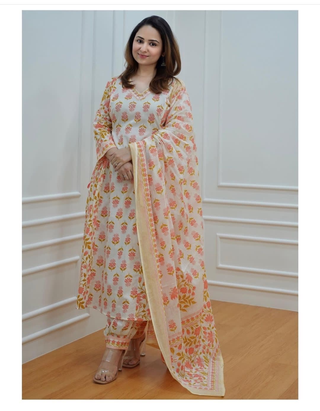Orange Women's Beautiful Block Print Nyra-Cut Kurta Pant & Dupatta Set