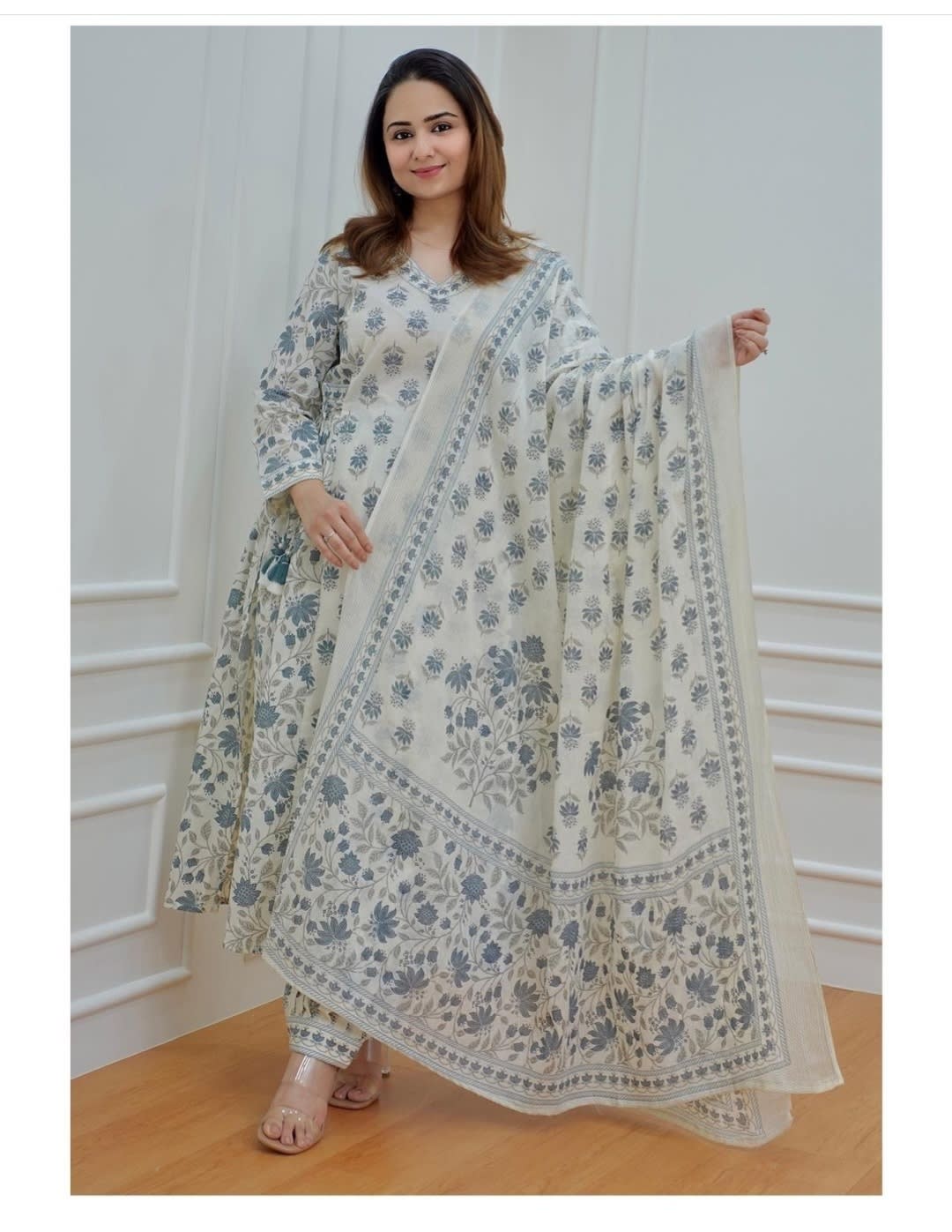 Blue Women's Beautiful Block Print Nyra-Cut Kurta Pant & Dupatta Set