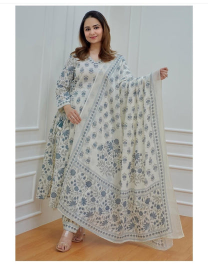 Blue Women's Beautiful Block Print Nyra-Cut Kurta Pant & Dupatta Set