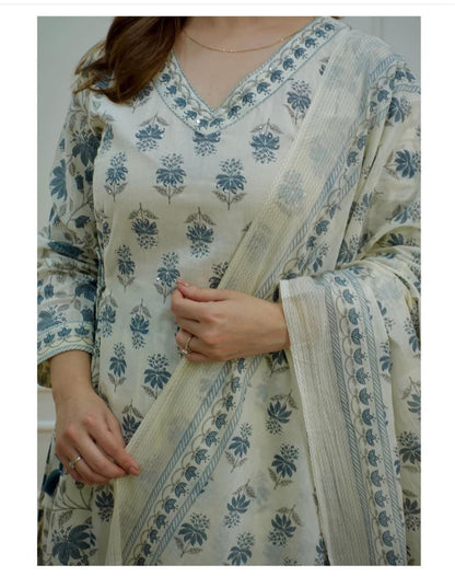 Blue Women's Beautiful Block Print Nyra-Cut Kurta Pant & Dupatta Set