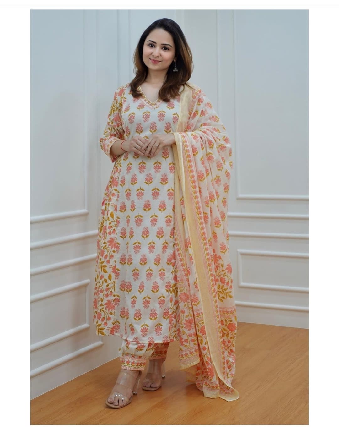 Orange Women's Beautiful Block Print Nyra-Cut Kurta Pant & Dupatta Set