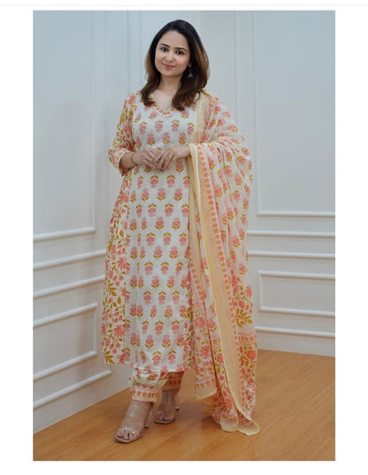 Orange Women's Beautiful Block Print Nyra-Cut Kurta Pant & Dupatta Set