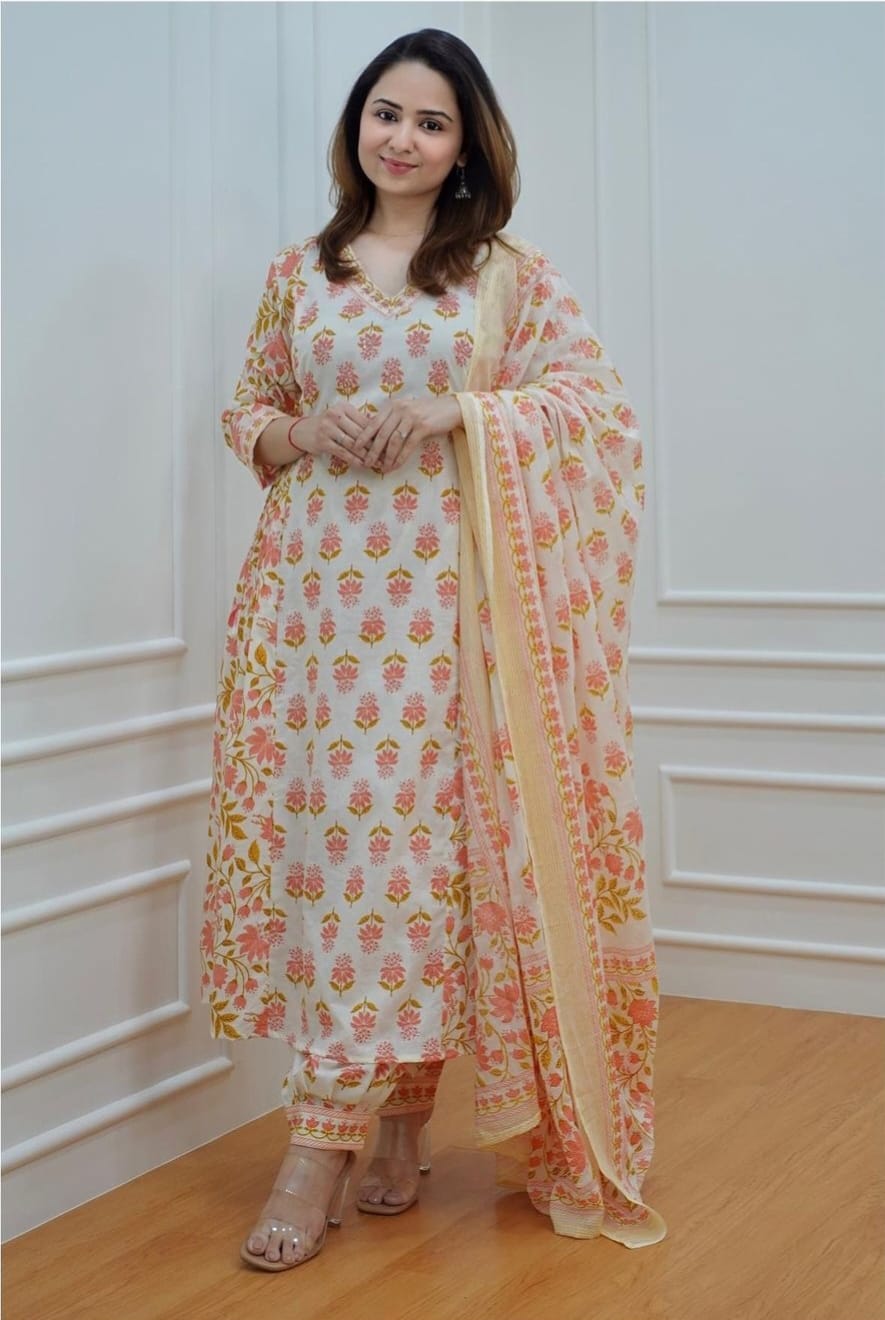 Orange Women's Beautiful Block Print Nyra-Cut Kurta Pant & Dupatta Set