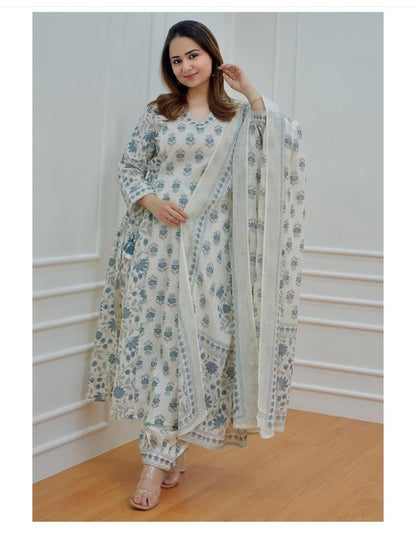 Blue Women's Beautiful Block Print Nyra-Cut Kurta Pant & Dupatta Set