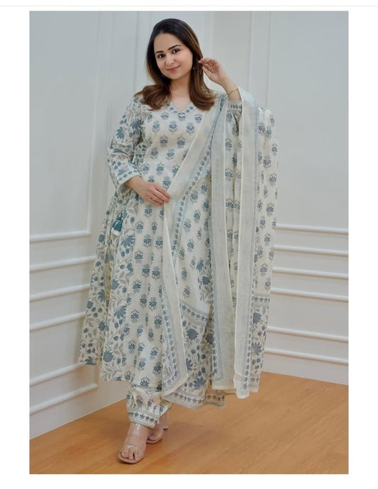 Blue Women's Beautiful Block Print Nyra-Cut Kurta Pant & Dupatta Set