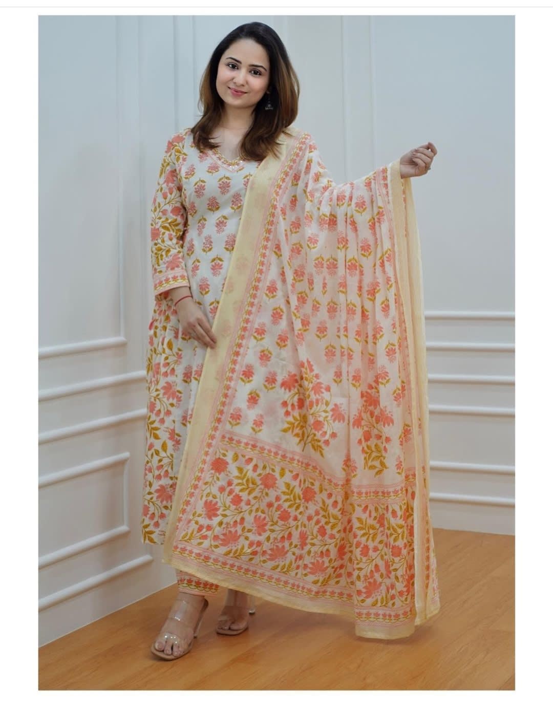 Orange Women's Beautiful Block Print Nyra-Cut Kurta Pant & Dupatta Set