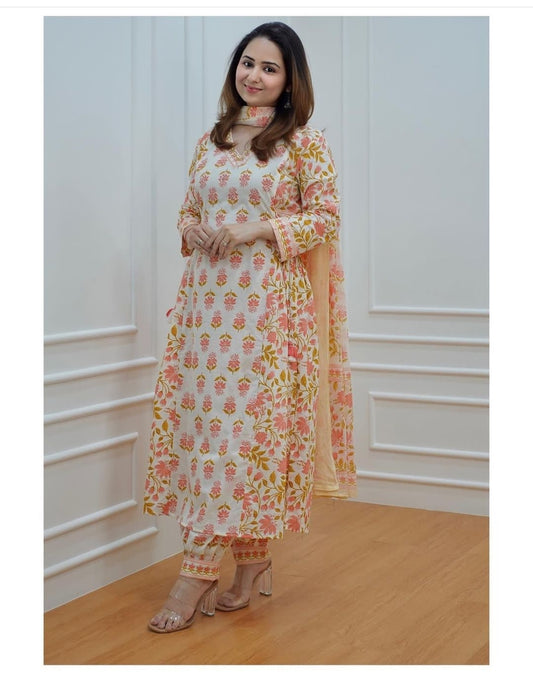 Orange Women's Beautiful Block Print Nyra-Cut Kurta Pant & Dupatta Set